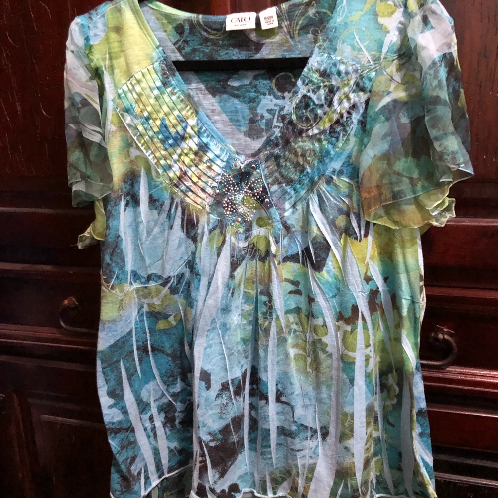 Womens Cato Sz 18/20 Green and Blue Floral Blouse with Embellishments